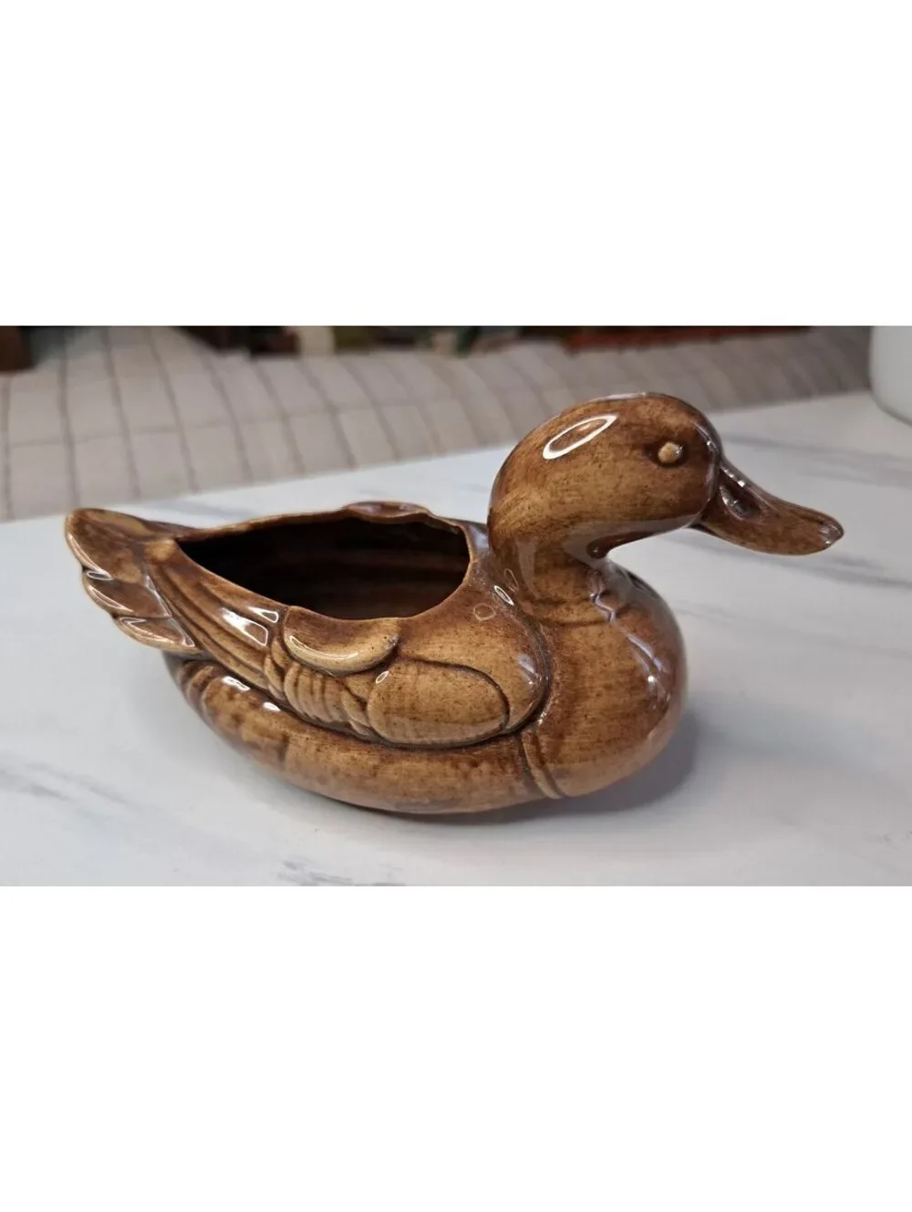 Vintage Hand-Painted Mid-Century Brown Ceramic Mallard Duck Planter 6